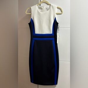 Calvin Klein Colorblock Sheath Dress, Navy Blue White, Sleeveless, Size 2 NWT